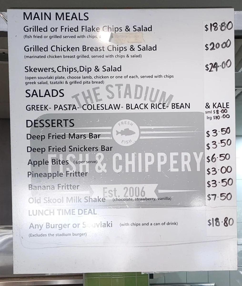 Menu, The Stadium Fish & Chippery & All Day Cafe
