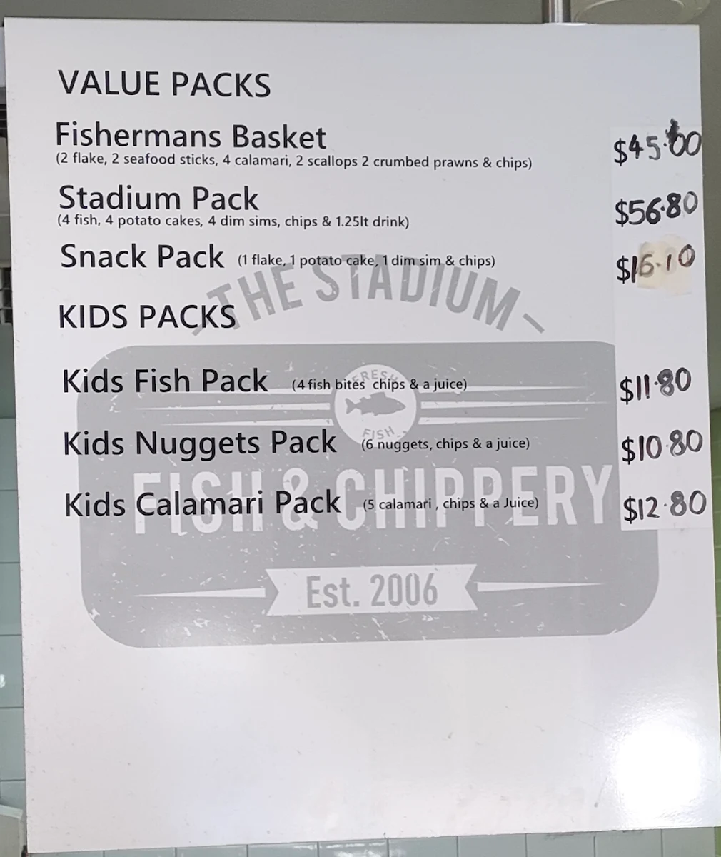 Menu, The Stadium Fish & Chippery & All Day Cafe