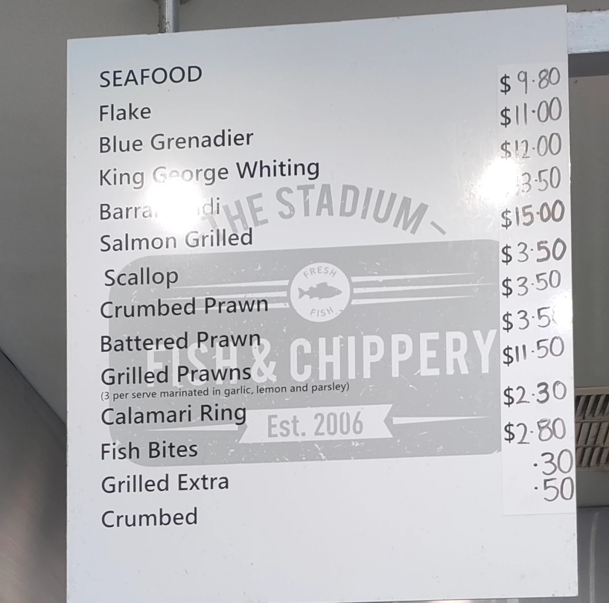 Menu, The Stadium Fish & Chippery & All Day Cafe