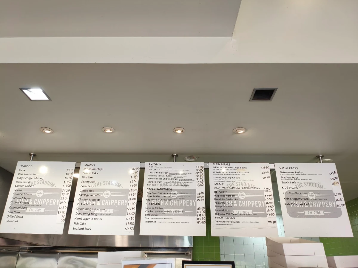 Menu, The Stadium Fish & Chippery & All Day Cafe