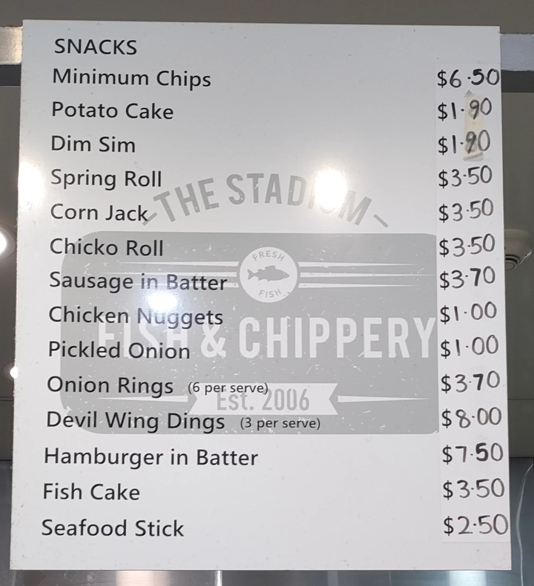 Menu, The Stadium Fish & Chippery & All Day Cafe