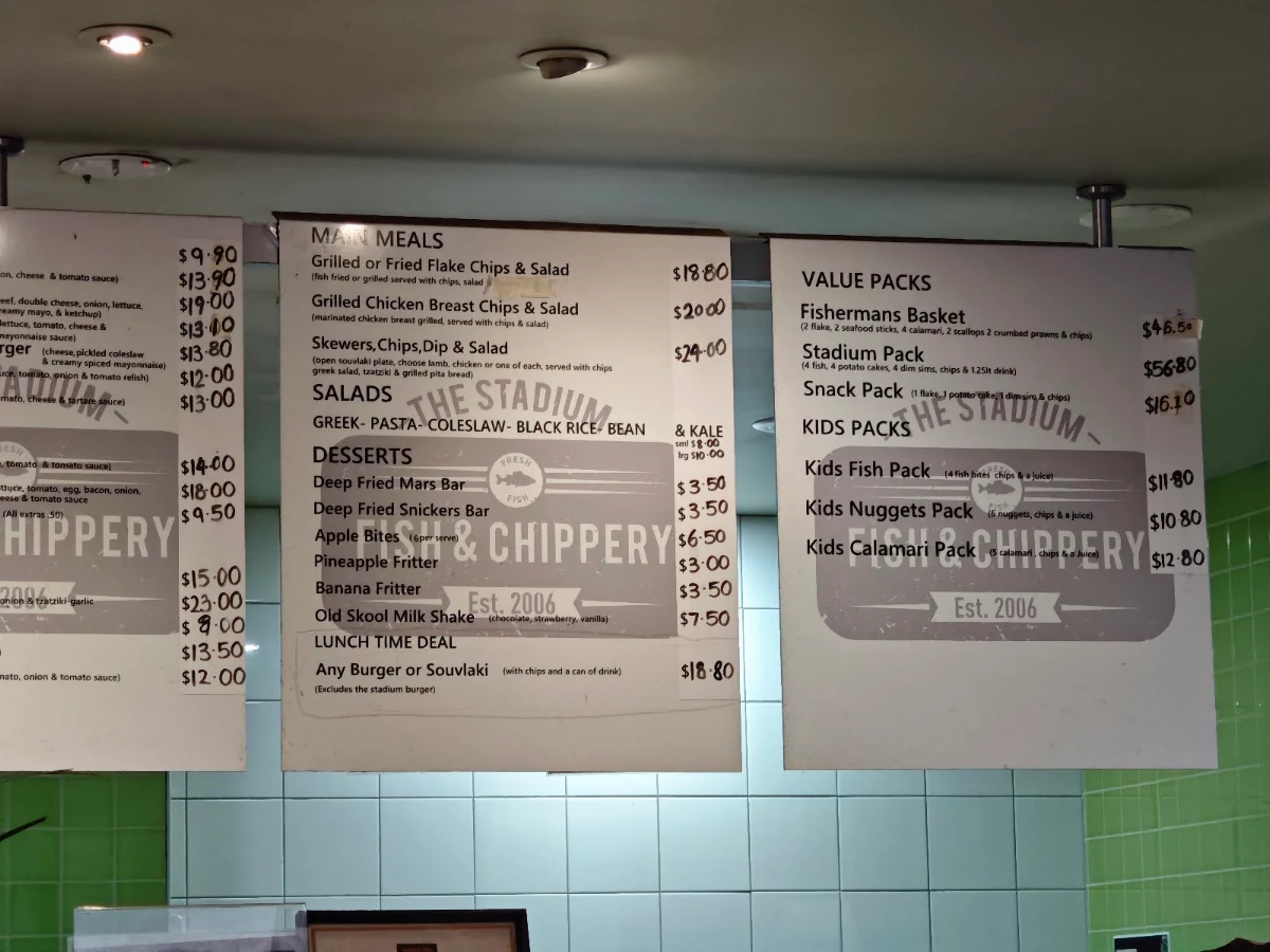 Menu, The Stadium Fish & Chippery & All Day Cafe