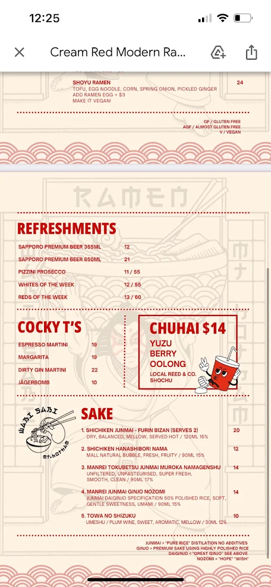 Menu, Wabi Sabi Hotham