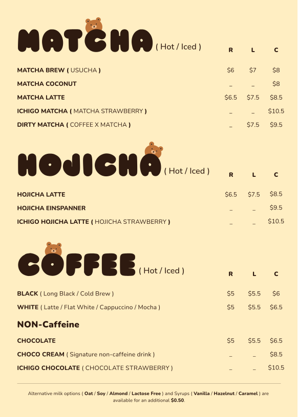 Menu, Chubby Cubby Cafe (Westfield Sydney)