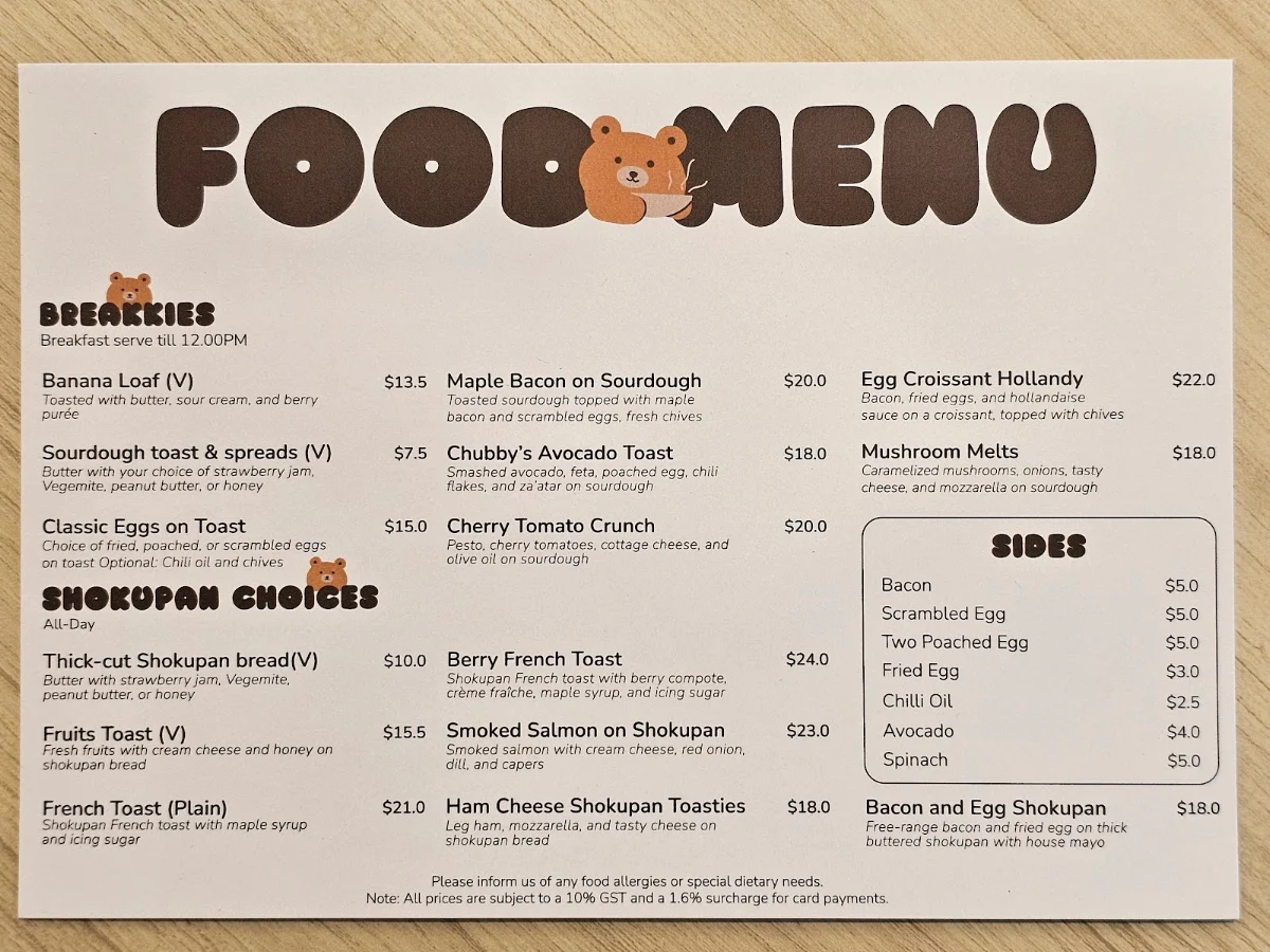 Menu, Chubby Cubby Cafe (Westfield Sydney)