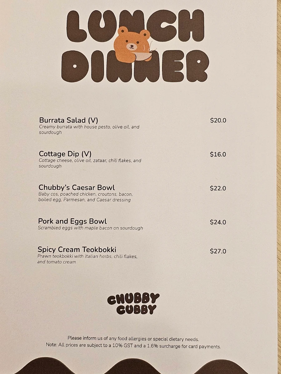 Menu, Chubby Cubby Cafe (Westfield Sydney)