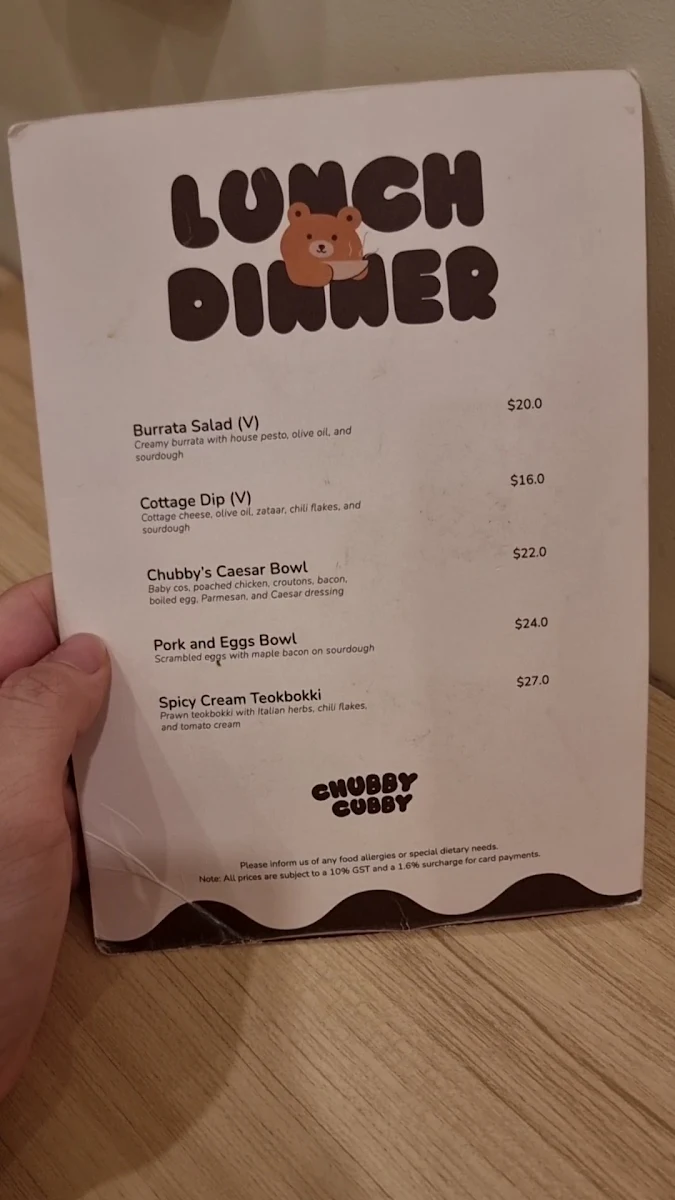 Menu, Chubby Cubby Cafe (Westfield Sydney)