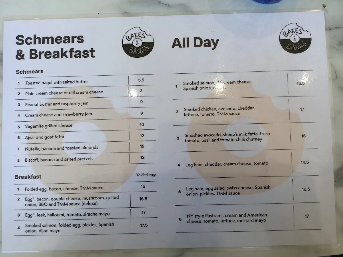 Menu, Bakes & Bagels (Thomastown)