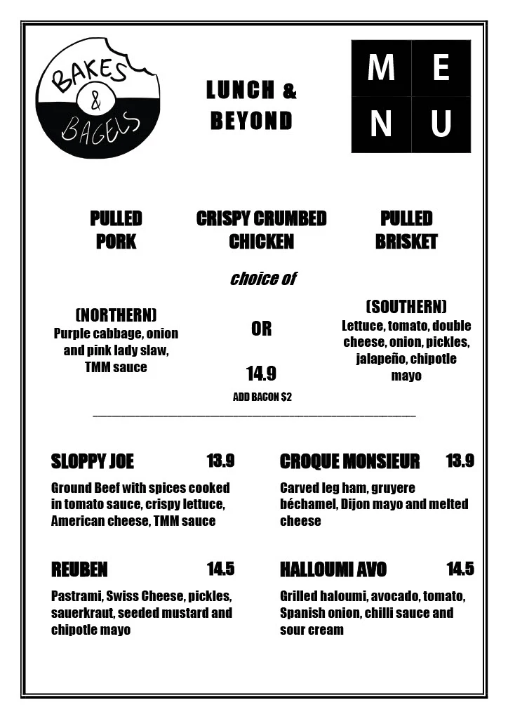 Menu, Bakes & Bagels (Thomastown)