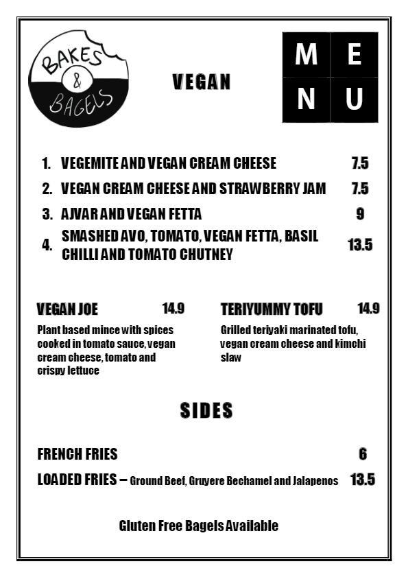 Menu, Bakes & Bagels (Thomastown)