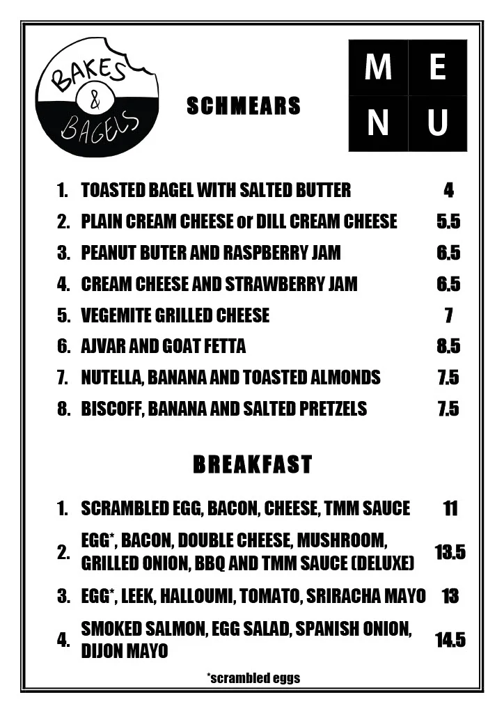 Menu, Bakes & Bagels (Thomastown)