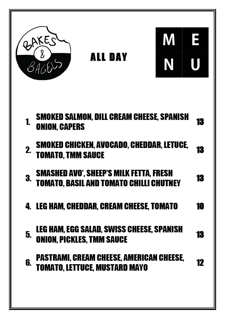 Menu, Bakes & Bagels (Thomastown)