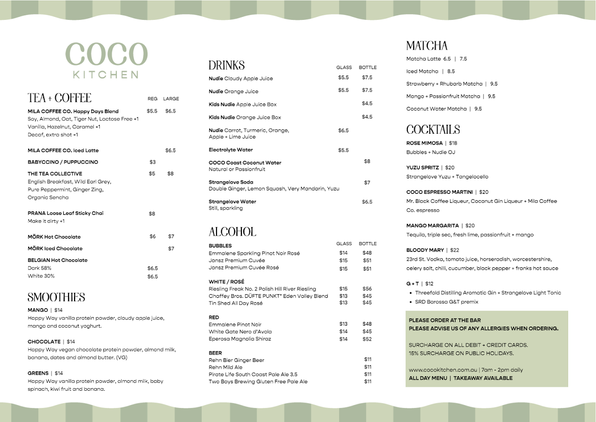 Menu, COCO Kitchen Angaston