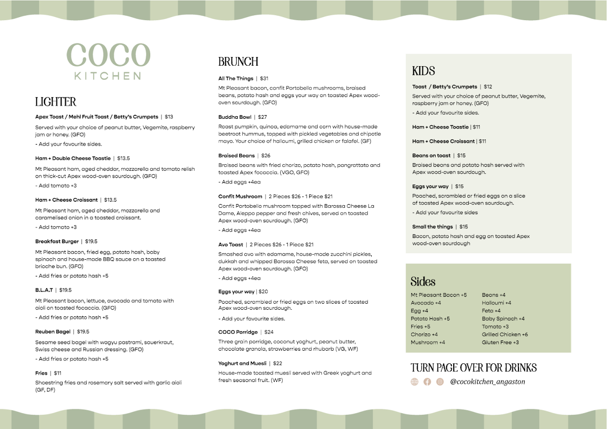 Menu, COCO Kitchen Angaston