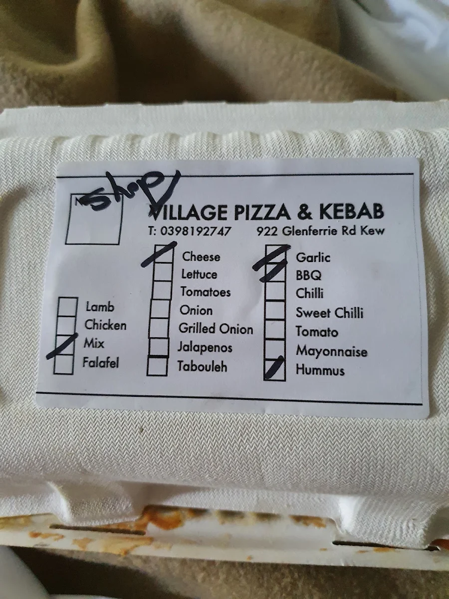 Menu, Village Pizza and Kebab