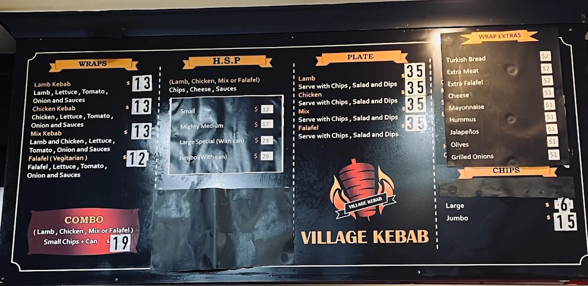 Menu, Village Pizza and Kebab