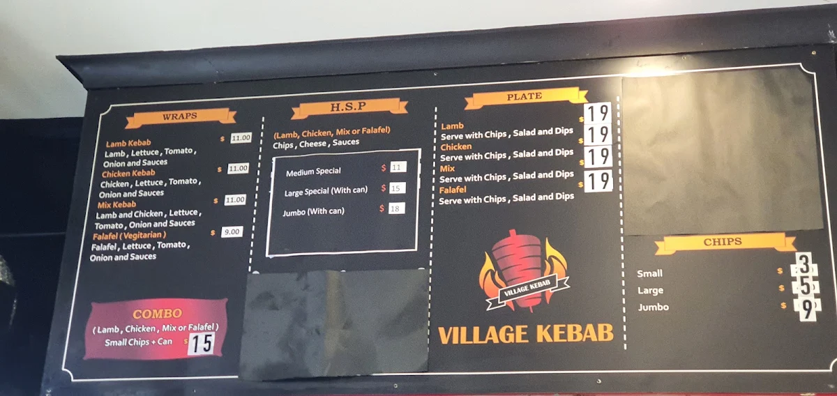 Menu, Village Pizza and Kebab