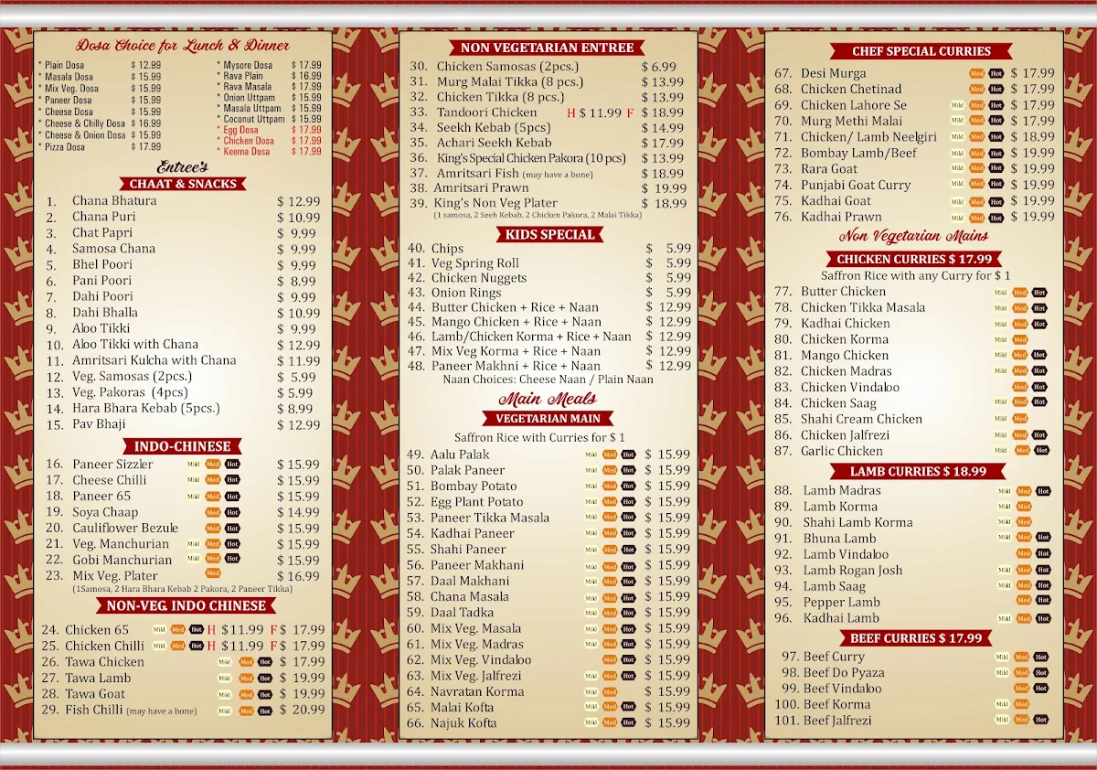 Menu, KINGS'S CURRY HUT