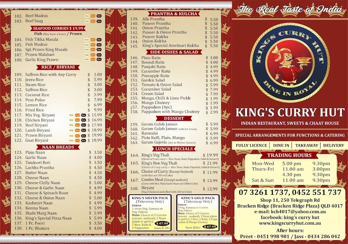 Menu, KINGS'S CURRY HUT