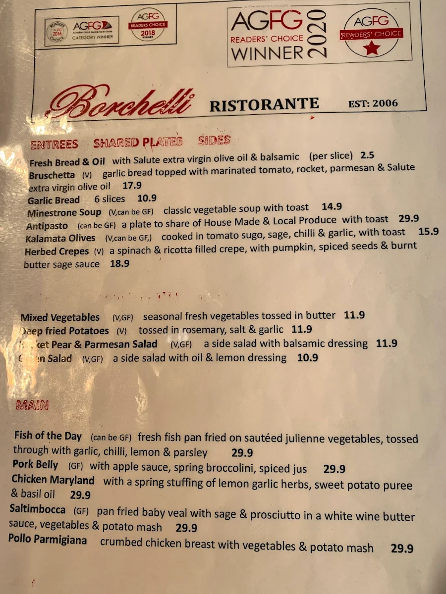 Menu, Borchelli Ristorante