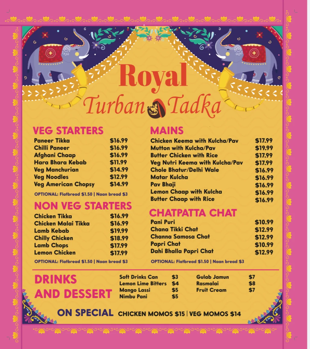 Menu, Royal Turban Tadka