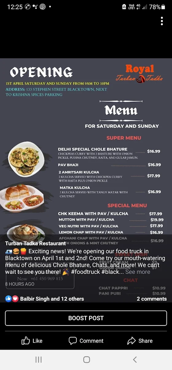 Menu, Royal Turban Tadka