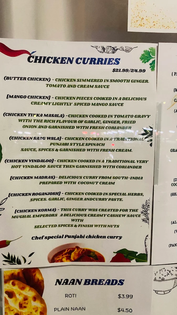 Menu, Singh's Curry House