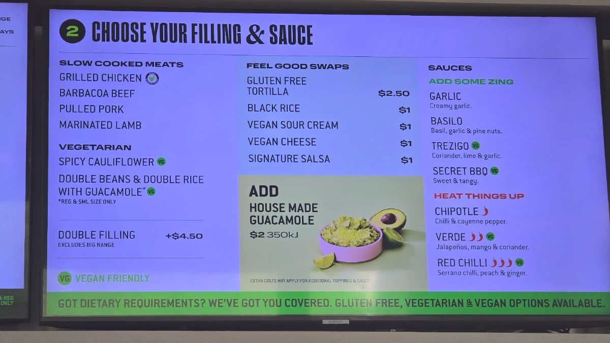 Menu, Zambrero Parkville