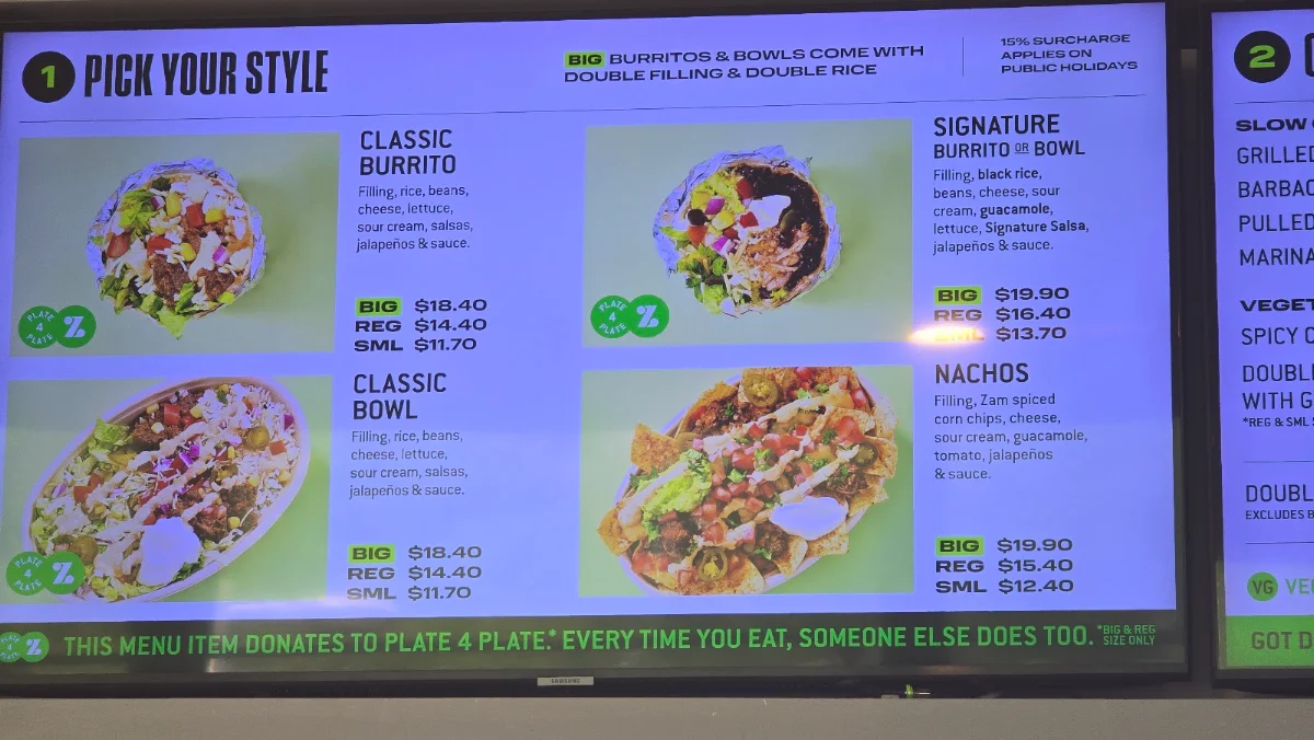 Menu, Zambrero Parkville