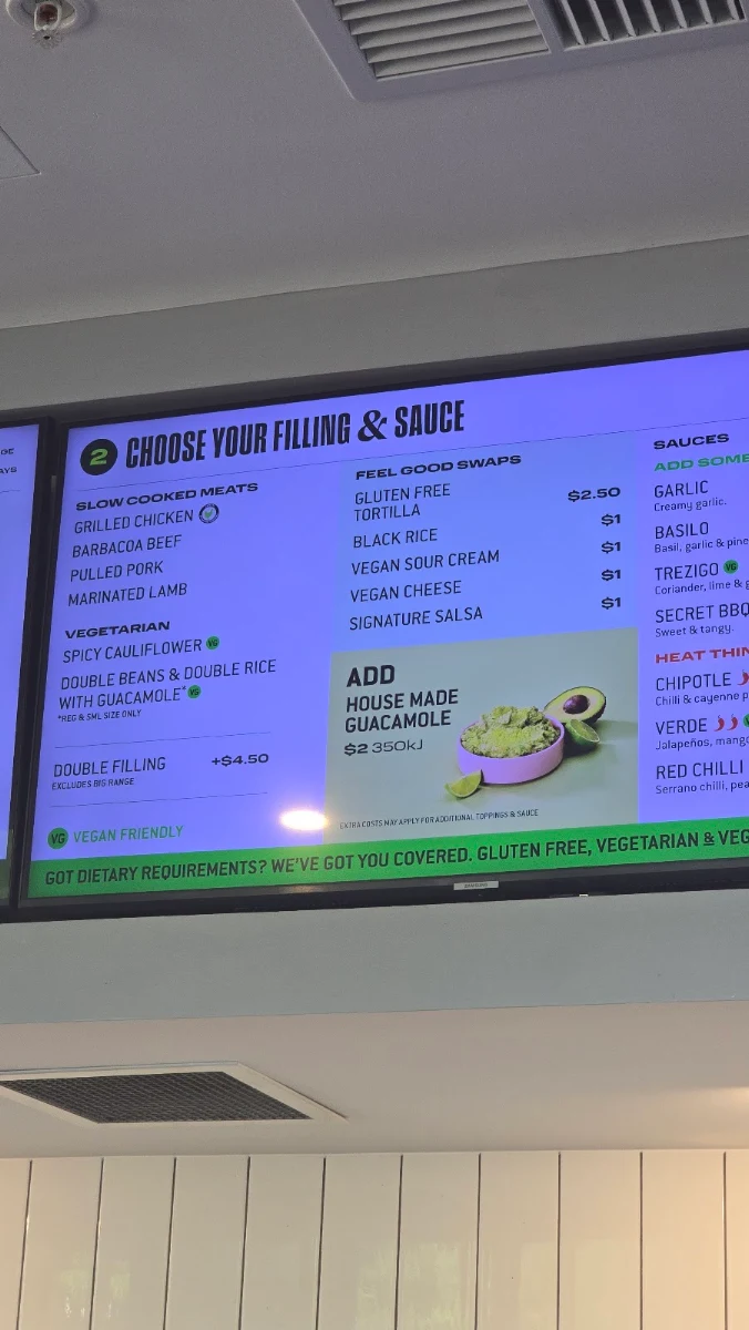 Menu, Zambrero Parkville