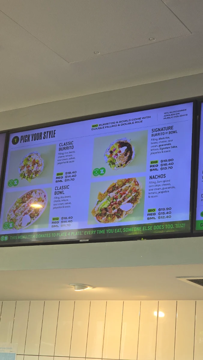 Menu, Zambrero Parkville