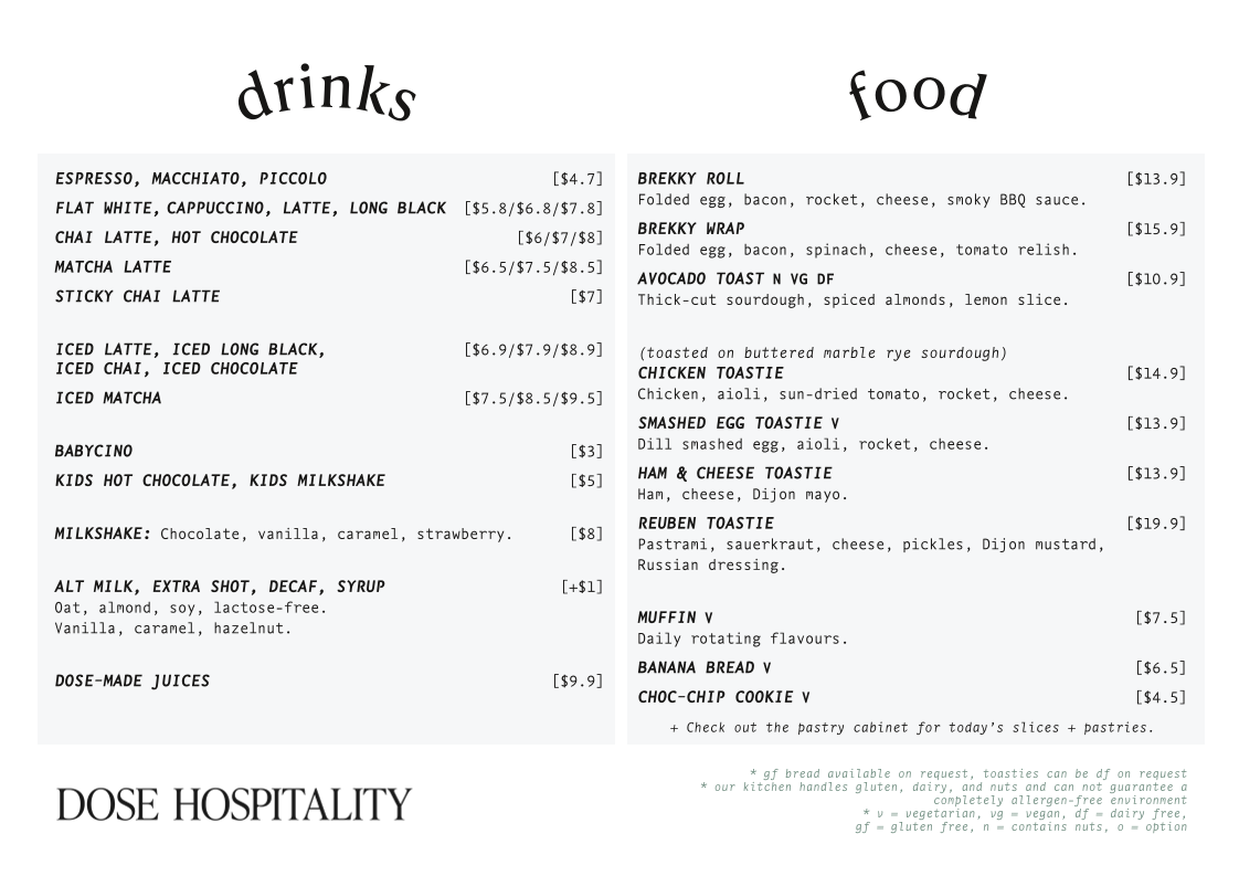 Menu, Dose Oyster Bay