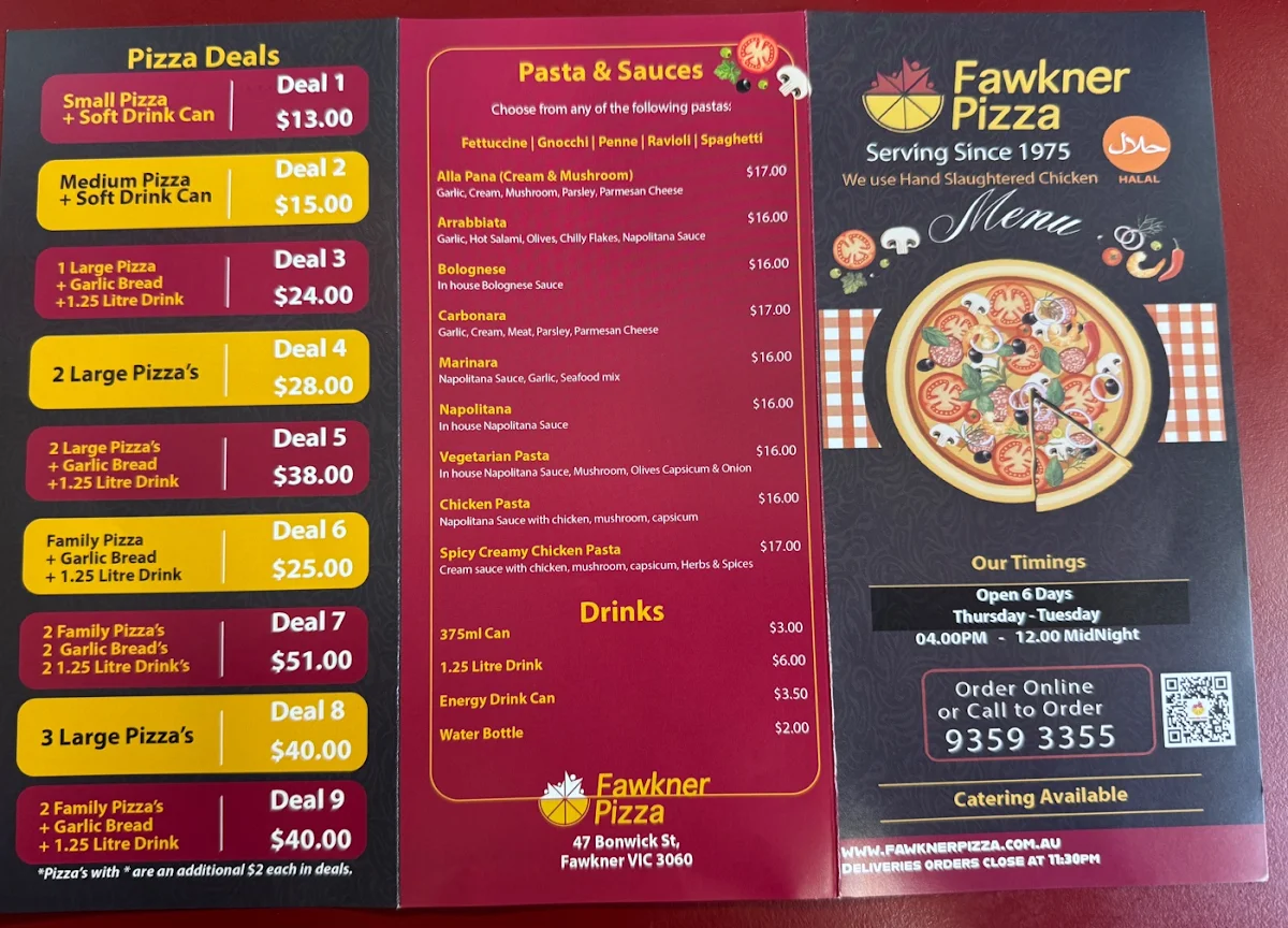 Menu, Fawkner Pizza