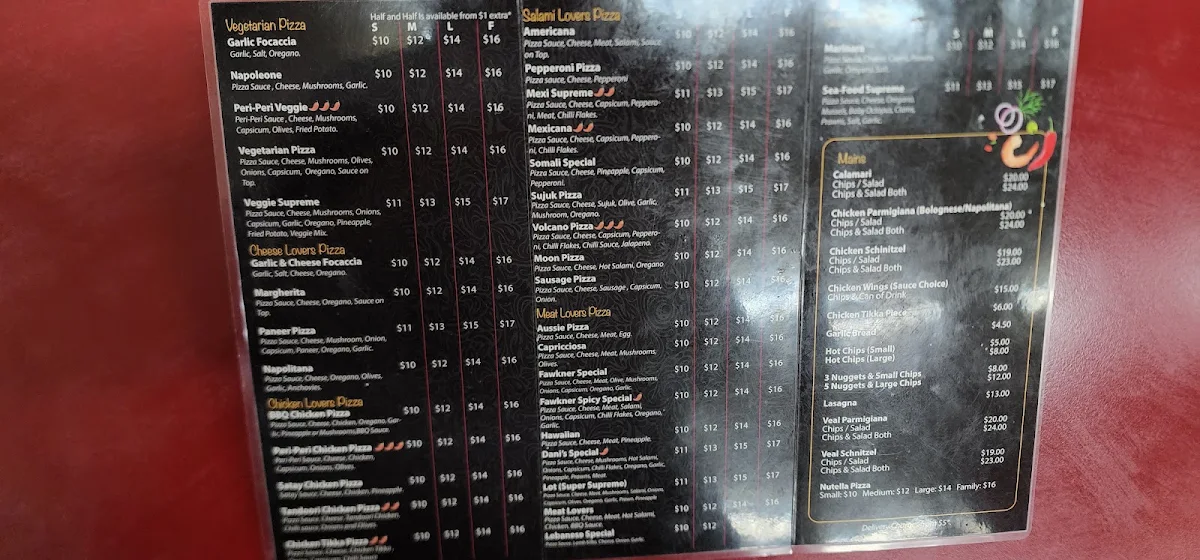 Menu, Fawkner Pizza