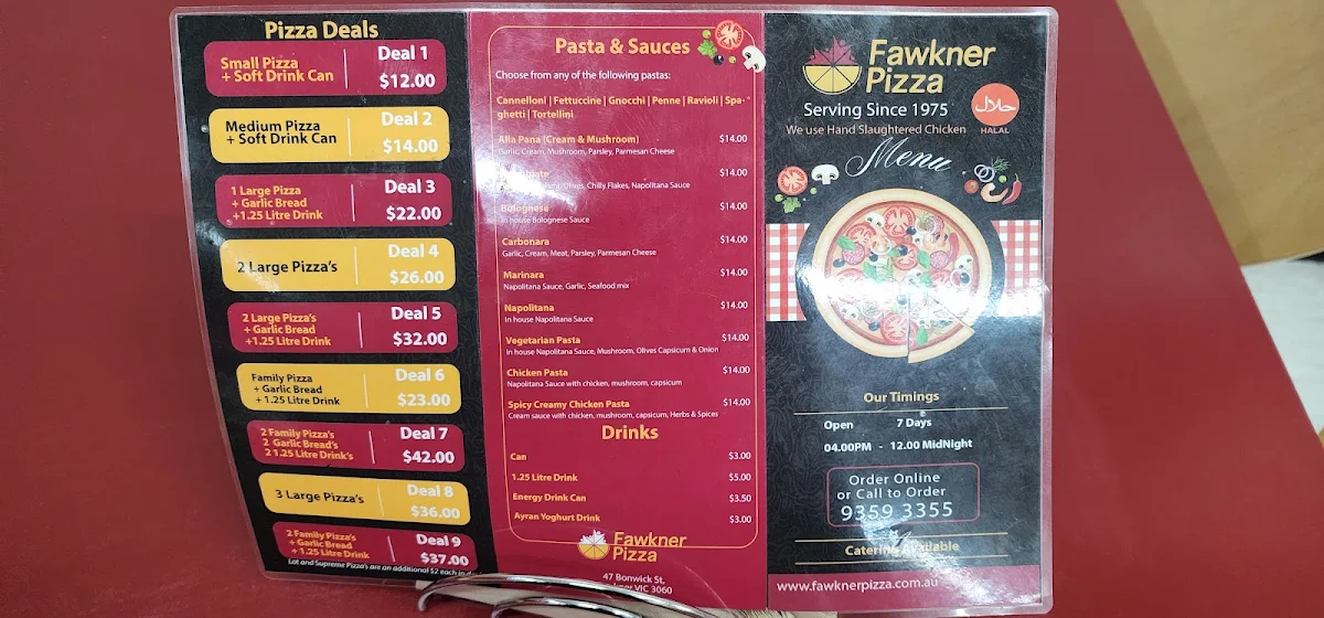 Menu, Fawkner Pizza