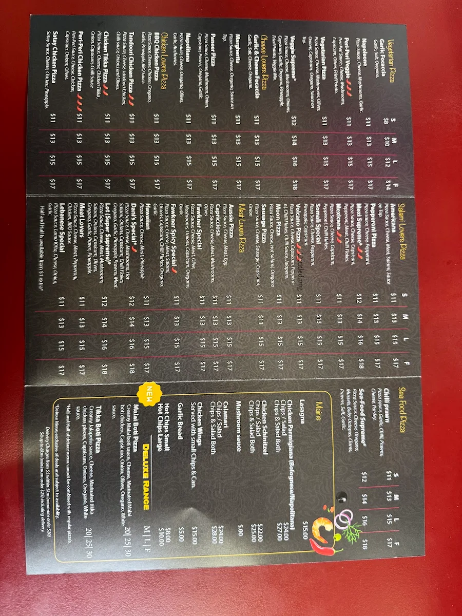 Menu, Fawkner Pizza