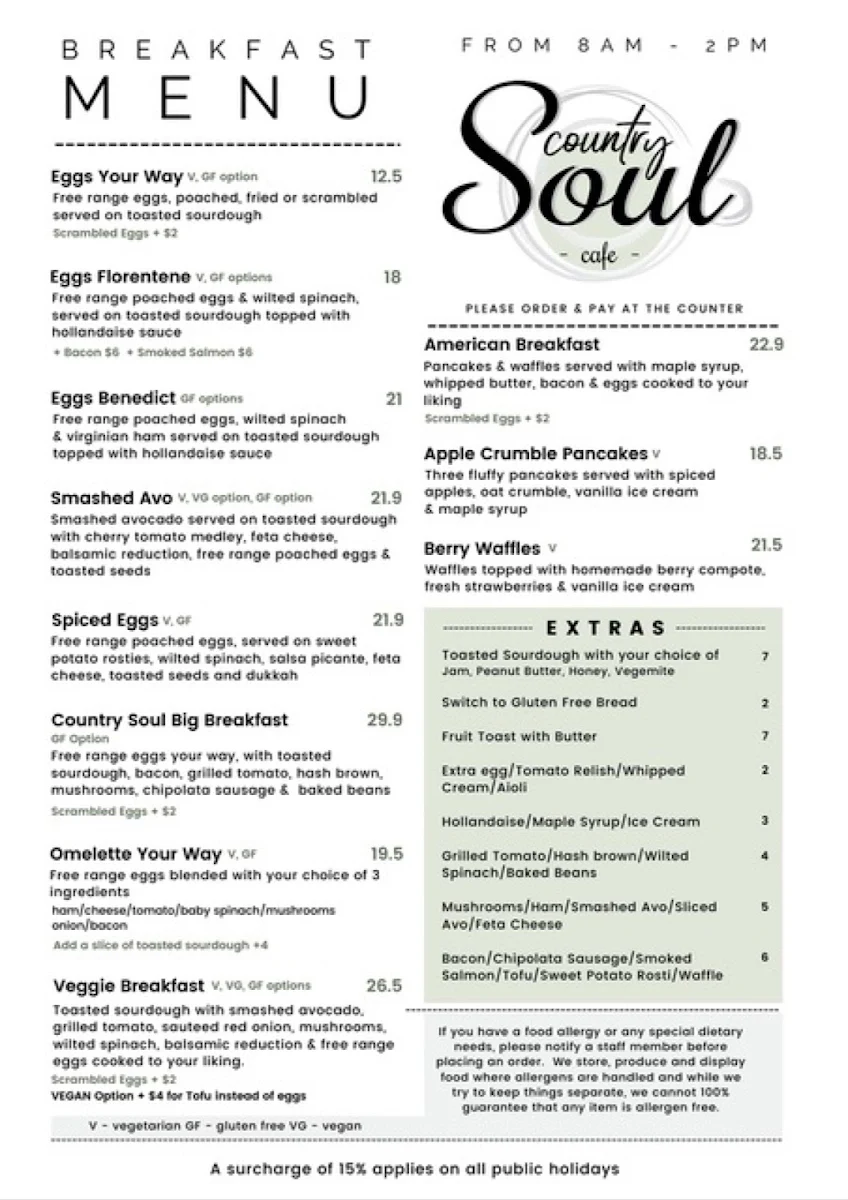 Menu, Country Soul Cafe