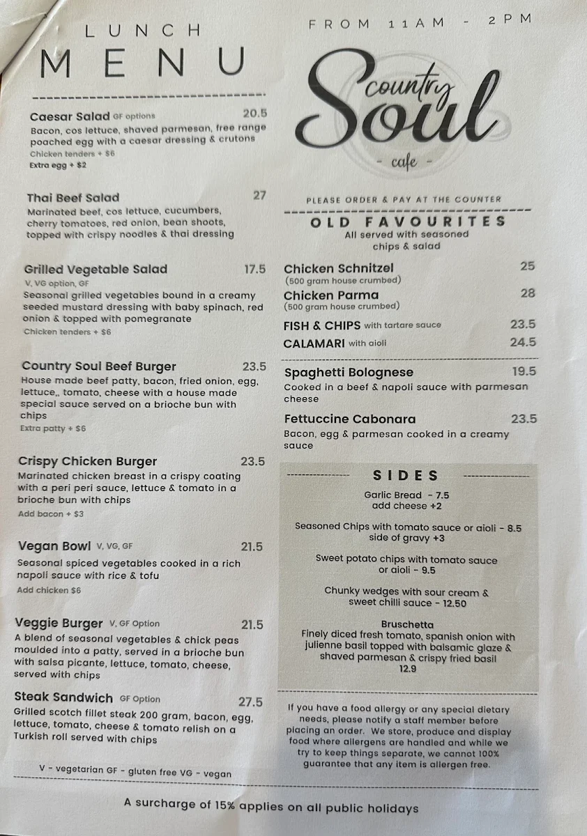 Menu, Country Soul Cafe