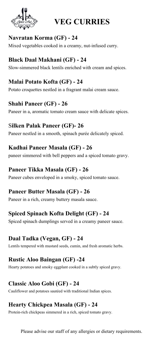 Menu, Spice Art Authentic Indian Restaurant