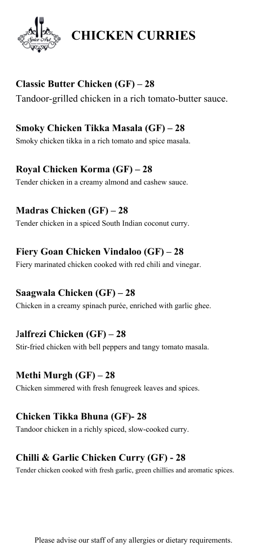 Menu, Spice Art Authentic Indian Restaurant