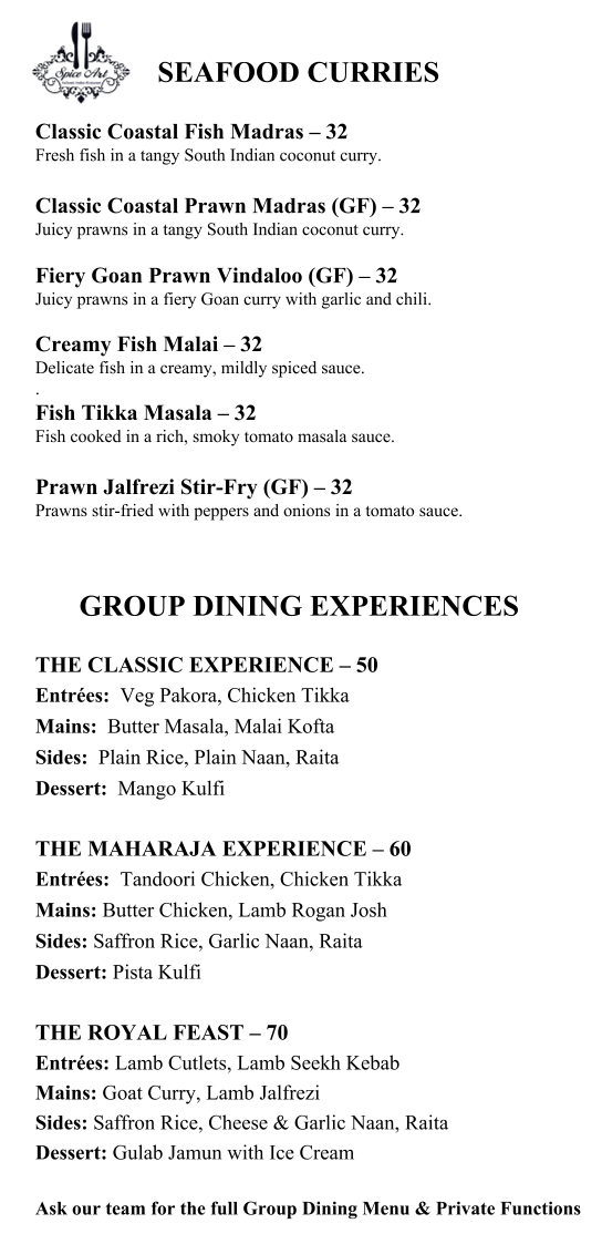 Menu, Spice Art Authentic Indian Restaurant
