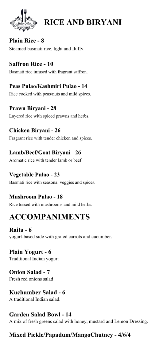 Menu, Spice Art Authentic Indian Restaurant
