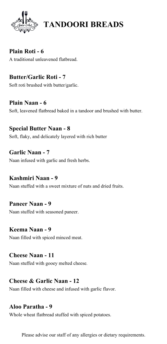 Menu, Spice Art Authentic Indian Restaurant