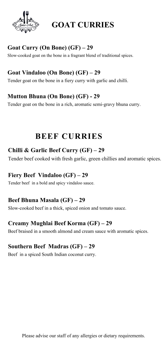 Menu, Spice Art Authentic Indian Restaurant