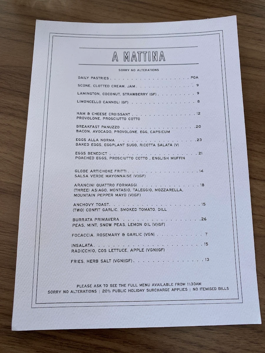 Menu, Rozelle's