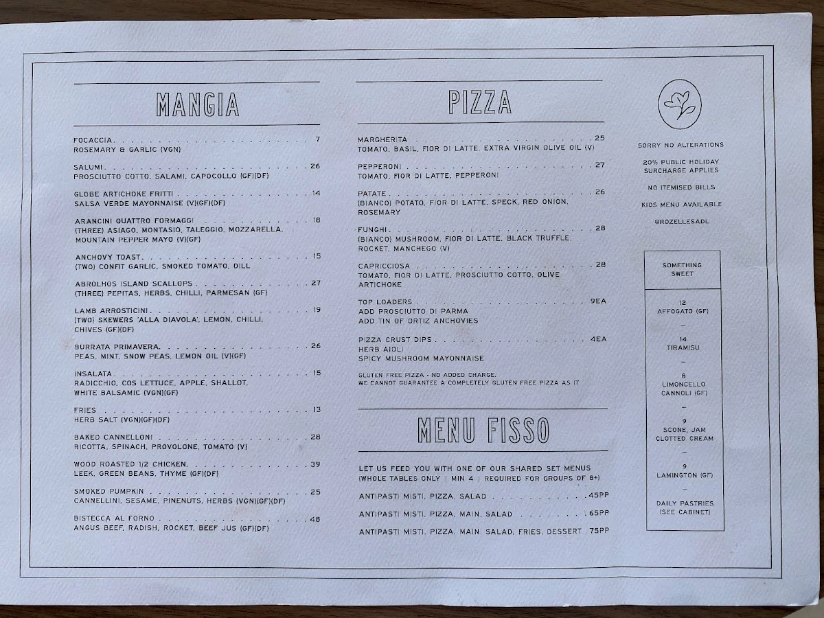 Menu, Rozelle's