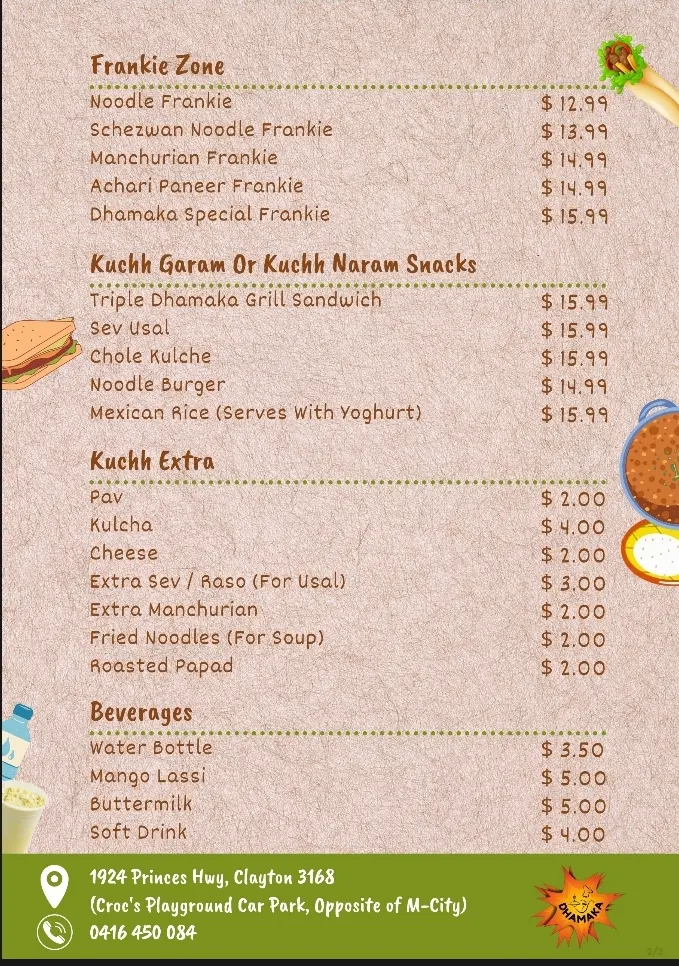 Menu, Dhamaka Indian Street Food