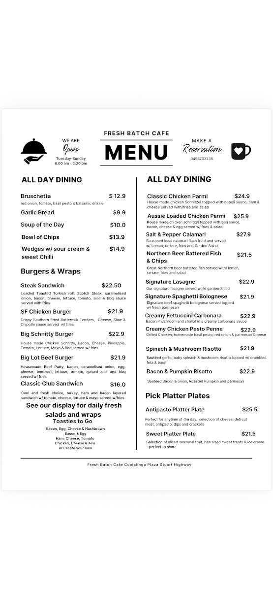Menu, Fresh Batch Cafe