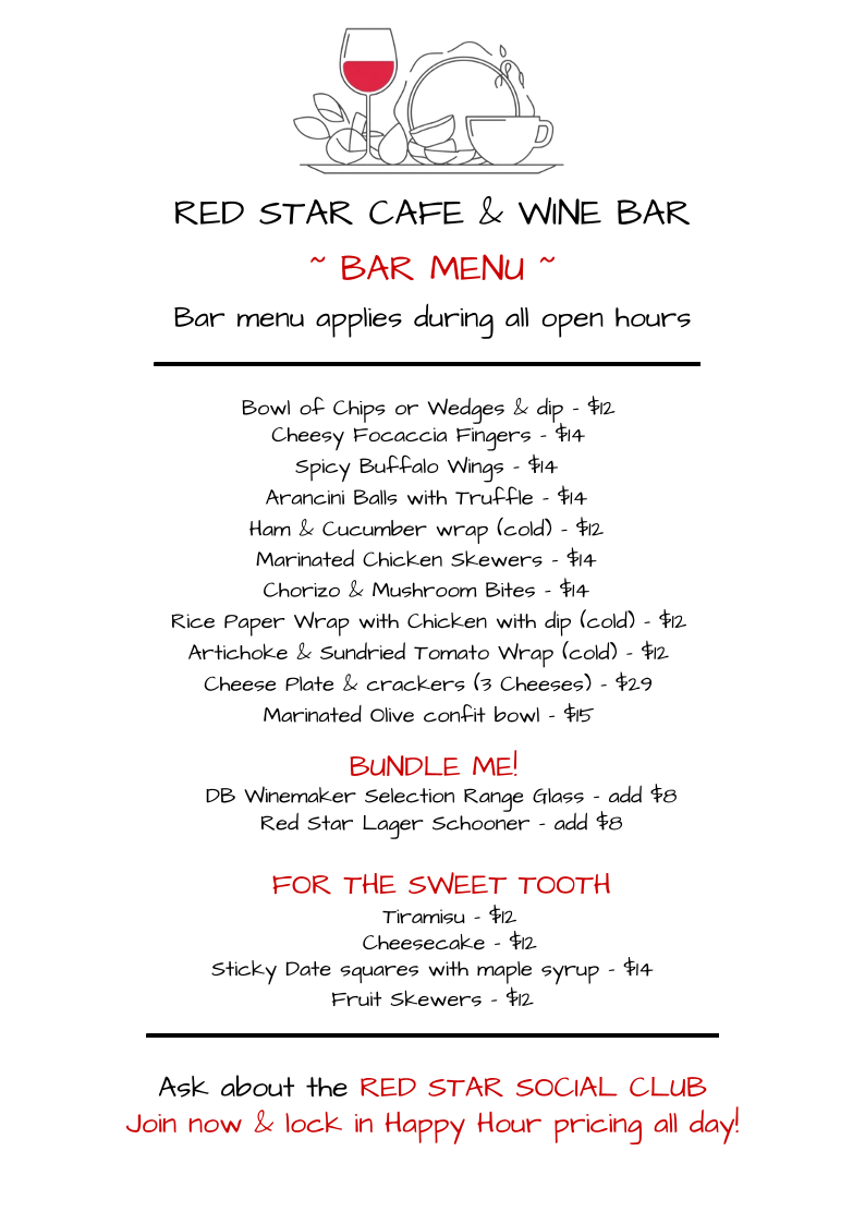 Menu, Red Star Café and Wine Bar