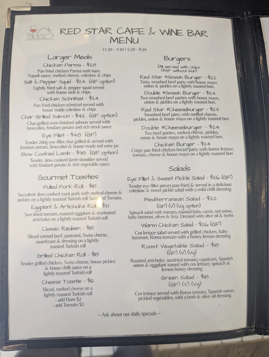 Menu, Red Star Café and Wine Bar
